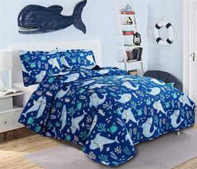 img 3 attached to Twin Size Kids Quilt Ocean Bedding Set, Boys Shark Theme Coverlet - 🦈 Cute Animal Bedding, Tropical Beach Reversible Lightweight Bedspread, Cartoon Shark Quilt Set in Navy Blue