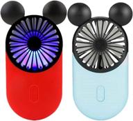 🐭 kbinter cute personal mini fan: usb rechargeable handheld fan with led light, 3 speeds, portable holder - indoor & outdoor activities - cute mouse design (red+blue) - 2 pack logo