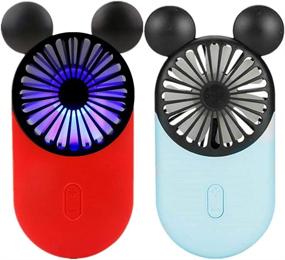 img 4 attached to 🐭 Kbinter Cute Personal Mini Fan: USB Rechargeable Handheld Fan with LED Light, 3 Speeds, Portable Holder - Indoor & Outdoor Activities - Cute Mouse Design (Red+Blue) - 2 Pack