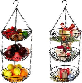 img 2 attached to 🍎 Hanging Fruit Basket, 3 Tier Heavy Duty Rustic Wire Produce Storage Baskets with Metal Chain and Hook for Kitchen Veggies, Potatoes, Onions, Oranges, Bananas, Limes, Lemons - Dicunoy