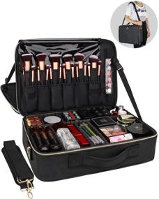img 3 attached to 👝 Relavel Professional Makeup Train Case Cosmetic Bag Brush Organizer and Storage - 16.5" Travel Make Up Artist Box with 3 Layer Large Capacity and Adjustable Strap (Large, Black Leather)
