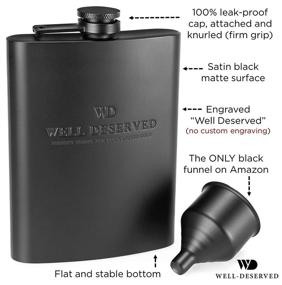img 2 attached to 🍾 8 oz Matte Black Flask Set with Funnel and Canvas Pouch - Classy Packaging. Engraved 'Well-Deserved' - Stainless Steel Hip Flask for Men's Liquor - Improved SEO