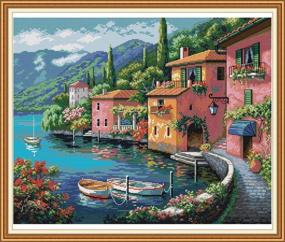 img 1 attached to 🏠 Colorful House by The Water - Joy Sunday Cross Stitch Kit: 11CT Stamped, Pre-Printed Pattern for Beginners, Full Embroidery Starter Kit