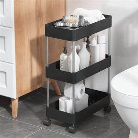 img 4 attached to 🗄️ UDEAR Slim Storage Cart: 3-Tier Mobile Shelving Unit for Bathroom, Office, Laundry Room, Kitchen - Black, Narrow Space-friendly Design