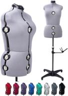 large gray female fabric dress form with adjustable mannequin body torso, tri-pod stand, and up to 70" shoulder height logo