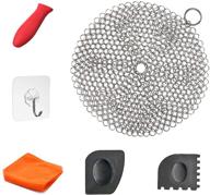 🔒 premium cast iron cleaner cosmer xl: stainless steel chainmail scrubber with bonus silicone handle holder, scraper set, kitchen towel & wall hook logo