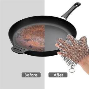 img 1 attached to 🔒 Premium Cast Iron Cleaner Cosmer XL: Stainless Steel Chainmail Scrubber with Bonus Silicone Handle Holder, Scraper Set, Kitchen Towel & Wall Hook