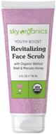 🌿 youth boost revitalizing face scrub (4 fl oz) - usda organic brightening face exfoliator with manuka honey & aloe vera, for aging & dry skin | cruelty-free | sky organics logo