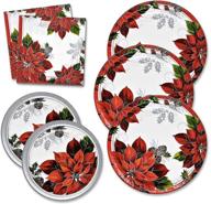 christmas party pack: 50 paper dinner plates, 50 dessert plates, and 100 luncheon napkins - holiday disposable dinnerware set serves 50 - made in usa logo