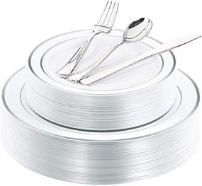 img 4 attached to WDF 40Guest Silver Plastic Plates with Disposable Plastic Silverware - Complete Set 🍽️ of 40 Dinner Plates, 40 Salad Plates, 40 Forks, 40 Knives, and 40 Spoons