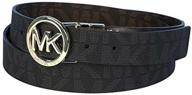 👖 medium brown and black michael michael kors belt - silver mk logo plaque logo