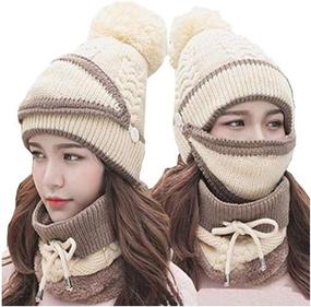 img 1 attached to ❄️ Women's/Girls' Winter Knitted Beanie Hat Face Neck Warmer Set with Fleece Lining, Pompom, and Ski Cap – 3-in-1