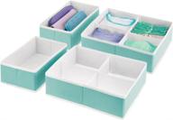 🛍 mdesign soft fabric drawer and closet storage organizer bin for lingerie, bras, socks, leggings, clothes, purses, scarves, set of 4, 10 compartments, turquoise/white логотип