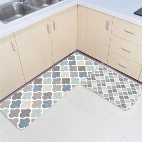 img 3 attached to 🌿 Quatrefoil Kitchen Rugs and Mats: Non-Skid, Washable, Cushioned Set of 2 - Anti-Fatigue, Waterproof, Vintage Farmhouse Moroccan Tile Design in Teal Gray & Turquoise Blue