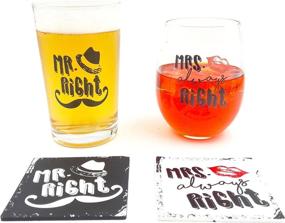 img 4 attached to 🍻 The Mediaholics Mr. Right and Mrs. Always Right - Beer and Wine Glass Combo with Coaster Set - Perfect Wedding Engagement Housewarming Couples Gift - Funny Novelty Present in a Gift Box