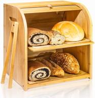 bamboo bread box - finew double layer rolltop bread bin for kitchen countertop - large wooden countertop bread storage holder with removable shelf and toaster tong - 15” x 9.8” x 14.5” - easy self assembly логотип