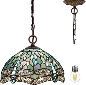 img 4 attached to 🐉 Tiffany Pendant Lighting: 12" Sea Blue Stained Glass Dragonfly Fixture for Kitchen Island - Rustic Farmhouse, Boho Style, LED Chandelier, Industrial Design - Perfect for Bar, Hallway, Dining Room