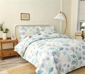 img 3 attached to Coastal Reversible Thin Lightweight Quilt Set Bedspread Coverlet Queen, Beach Themed Sea 🌴 Grass Conch Seashells Starfish Bedding Sets for All Seasons - Light Blue Green, Full/Queen Size