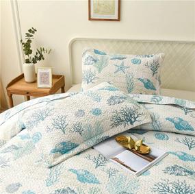 img 1 attached to Coastal Reversible Thin Lightweight Quilt Set Bedspread Coverlet Queen, Beach Themed Sea 🌴 Grass Conch Seashells Starfish Bedding Sets for All Seasons - Light Blue Green, Full/Queen Size