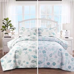 img 4 attached to Coastal Reversible Thin Lightweight Quilt Set Bedspread Coverlet Queen, Beach Themed Sea 🌴 Grass Conch Seashells Starfish Bedding Sets for All Seasons - Light Blue Green, Full/Queen Size