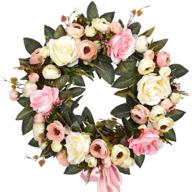 🌹 sunm boutique rose floral twig wreath: handmade 14" silk rose flower door wreath with green leaves - vintage artificial flowers for front door wedding wall home decor логотип