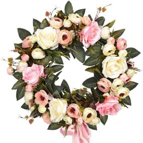 img 4 attached to 🌹 Sunm Boutique Rose Floral Twig Wreath: Handmade 14" Silk Rose Flower Door Wreath with Green Leaves - Vintage Artificial Flowers for Front Door Wedding Wall Home Decor