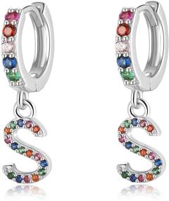 img 4 attached to 🌈 Colorful Rainbow CZ Drop Dangle Sterling Silver Initial Earrings for Girls, Teens, and Women - Hypoallergenic Small Hoop Earrings with Alphabet Letter A-Z - S925 Presentski Huggie Simple Earrings