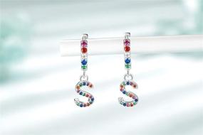 img 1 attached to 🌈 Colorful Rainbow CZ Drop Dangle Sterling Silver Initial Earrings for Girls, Teens, and Women - Hypoallergenic Small Hoop Earrings with Alphabet Letter A-Z - S925 Presentski Huggie Simple Earrings