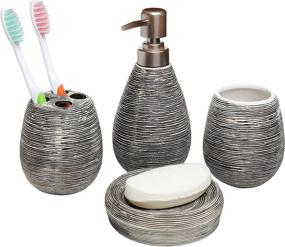 img 3 attached to 🛀 MyGift 4-Piece Ceramic Bathroom Accessory Set in Dark Brown - Includes Textured Soap Dish, Dispenser, Toothbrush Holder, and Tumbler