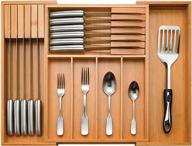 bamboo kitchen drawer silverware organizer - expandable utensil tray with knife block. silverware holder or expandable drawer organizer for any kitchen drawer, 17” long, adjustable from 13” - 22.5” wide, 2” deep logo