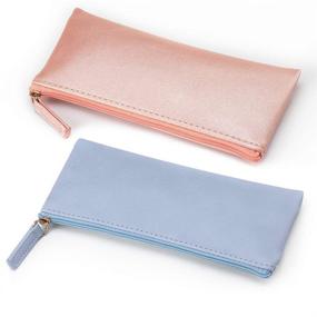 img 2 attached to EONMIR PU Leather Zippered Pencil Case Pouch Bag - Small Simple Pencil Pouches for School, Makeup, and Cosmetics (Blue+Pink)