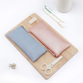 img 1 attached to EONMIR PU Leather Zippered Pencil Case Pouch Bag - Small Simple Pencil Pouches for School, Makeup, and Cosmetics (Blue+Pink)