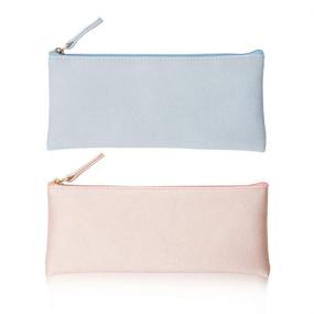 img 4 attached to EONMIR PU Leather Zippered Pencil Case Pouch Bag - Small Simple Pencil Pouches for School, Makeup, and Cosmetics (Blue+Pink)