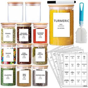 img 4 attached to 🍶 AISIPRIN 12 Pcs Glass Spice Jars with Bamboo Airtight Lids and 114 Labels - Small 9oz Food Storage Containers for Kitchen, Coffee, and Herbs - Includes Marker and Brush