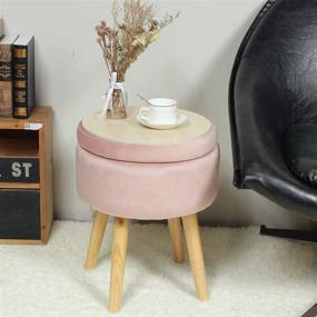 img 2 attached to 🎀 Pink Velvet Round Storage Ottoman with Wooden Legs & Tray Top - B FSOBEIIALEO, Soft Padded Footrest Stool 14.17