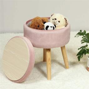 img 3 attached to 🎀 Pink Velvet Round Storage Ottoman with Wooden Legs & Tray Top - B FSOBEIIALEO, Soft Padded Footrest Stool 14.17