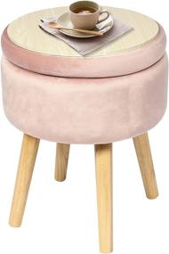 img 4 attached to 🎀 Pink Velvet Round Storage Ottoman with Wooden Legs & Tray Top - B FSOBEIIALEO, Soft Padded Footrest Stool 14.17