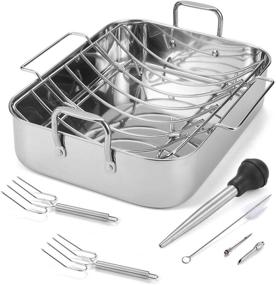 img 4 attached to Premium Stainless Steel Roasting Pan with Rack - 16.5 Inch Rectangular Turkey Roaster for Delicious Meals - Non-toxic, Heavy Duty, and Easy to Clean - Dishwasher Safe