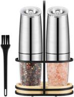 🧂 electric gravity salt and pepper grinder set with dust cover, stainless steel shelf, and wood base - battery driven, easy one hand automatic operation logo