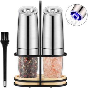 img 3 attached to 🧂 Electric Gravity Salt and Pepper Grinder Set with Dust Cover, Stainless Steel Shelf, and Wood Base - Battery Driven, Easy One Hand Automatic Operation