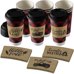 img 4 attached to 🍂 Assorted Fall Design Coffee Sleeves Variety Pack: Kraft Brown with Black Print - Fits Standard Hot Cups (Red and Black Buffalo Plaid With Lids & Kraft Cup Sleeves in Assorted Autumn Designs (Serves 12))