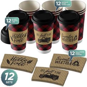 img 3 attached to 🍂 Assorted Fall Design Coffee Sleeves Variety Pack: Kraft Brown with Black Print - Fits Standard Hot Cups (Red and Black Buffalo Plaid With Lids & Kraft Cup Sleeves in Assorted Autumn Designs (Serves 12))