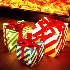 img 2 attached to 🎁 ATDAWN Set of 3 Lighted Gift Boxes Christmas Decorations: Vibrant Red, Green, and Blue Stripe Pre-lit Present Boxes for Festive Home Décor