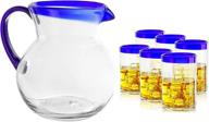 authentic hand blown mexican drinking glasses and pitcher set - 6 glasses w/ cobalt blue rims (14 oz each) + 84oz pitcher by the wine savant logo