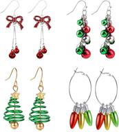 🎄 csiyanjry99 4-pair christmas earrings set - red bow knot, jingle bell bulbs, & christmas tree dangle drop earrings for women & teen girls - xmas earrings bulk logo