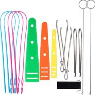 complete 14-piece set for easy drawstring threading: includes 4 flexible plastic drawstring threaders, 2 stainless steel sewing loop turner hooks, 4 metal tweezers, 1 convenient bag, and 3 flat plastic threaders logo