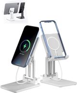 📱 qll height adjustable cell phone stand for magesafe charger - fully foldable desktop holder for phone 13 12 pro max, ipad mini air pro 12.9, galaxy tab (magesafe stand white) logo