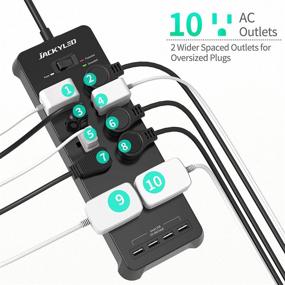 img 2 attached to 🔌 JACKYLED Power Strip 2021 Upgraded - Сетевая розетка с плоским штекером и защитой от перенапряжения с 4 портами USB, 10 розетками и кабелем длиной 5 футов для подключения нескольких устройств - черного цвета.