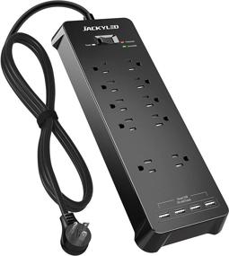 img 4 attached to 🔌 JACKYLED Power Strip 2021 Upgraded - Сетевая розетка с плоским штекером и защитой от перенапряжения с 4 портами USB, 10 розетками и кабелем длиной 5 футов для подключения нескольких устройств - черного цвета.