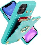 📱 lameeku iphone 11 wallet case with rfid protection, card holder and kickstand, leather case with finger carbon fiber, protective cover for apple iphone 11 6.1inch - mint green logo